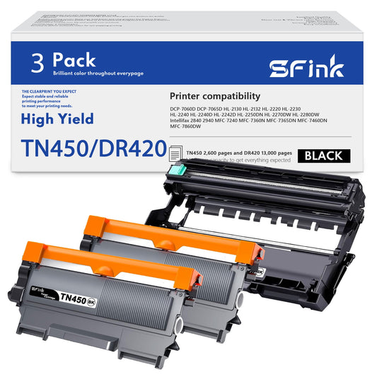 TN450 TN 450 DR420 Toner Cartridge Drum Unit Compatible for Brother TN 450 TN-450 DR420 Use for DCP-7060D 7065DN,IntelliFax-2840 2940,HL-2220 2230 2240 2240D 2270DW 2275DW 2280DW (3 Pack Black)