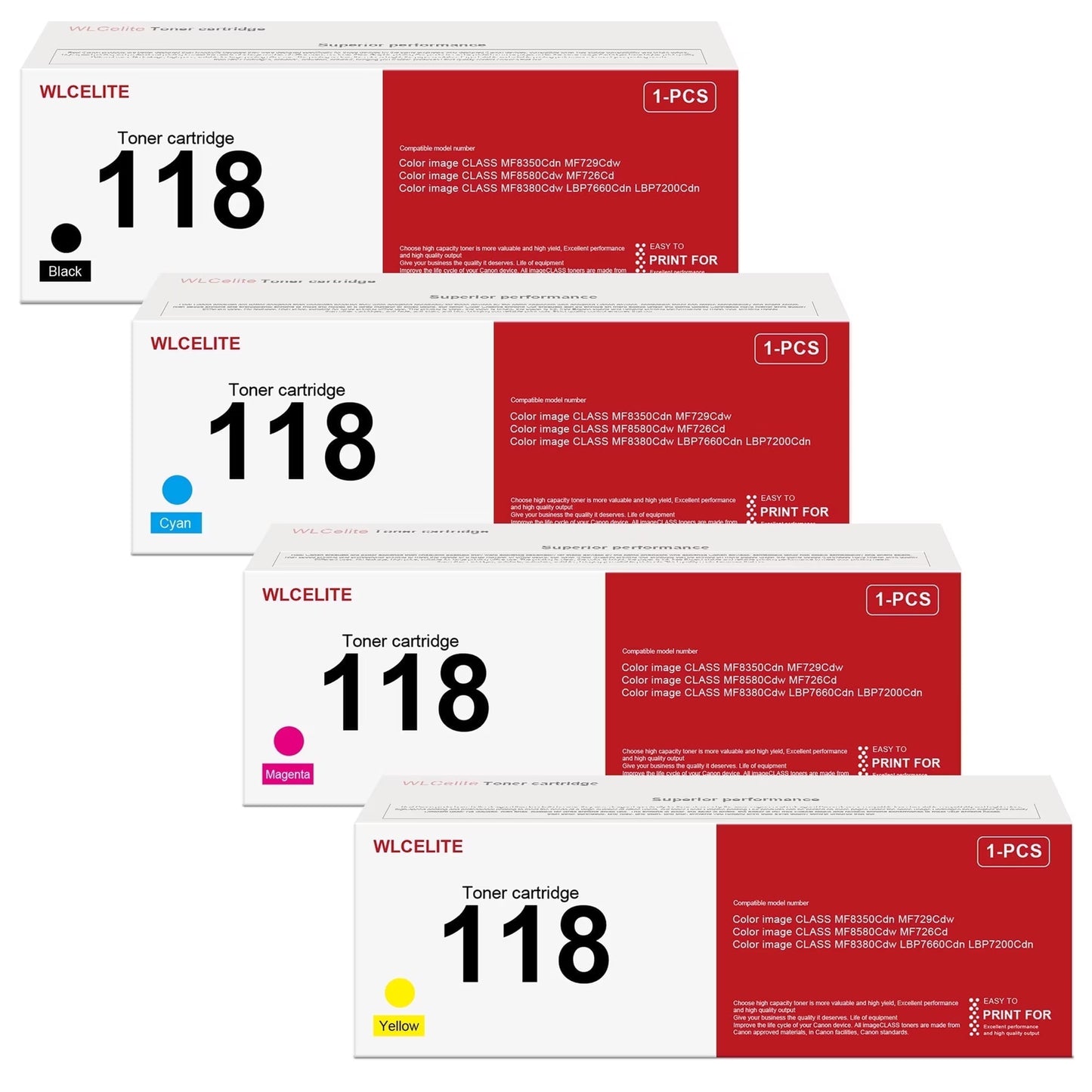CRG 118 4 Pack Toner Compatible for Canon 118 Toner Cartridge for MF8350Cdn MF729Cdw Printer（Black Cyan Magenta Yellow）