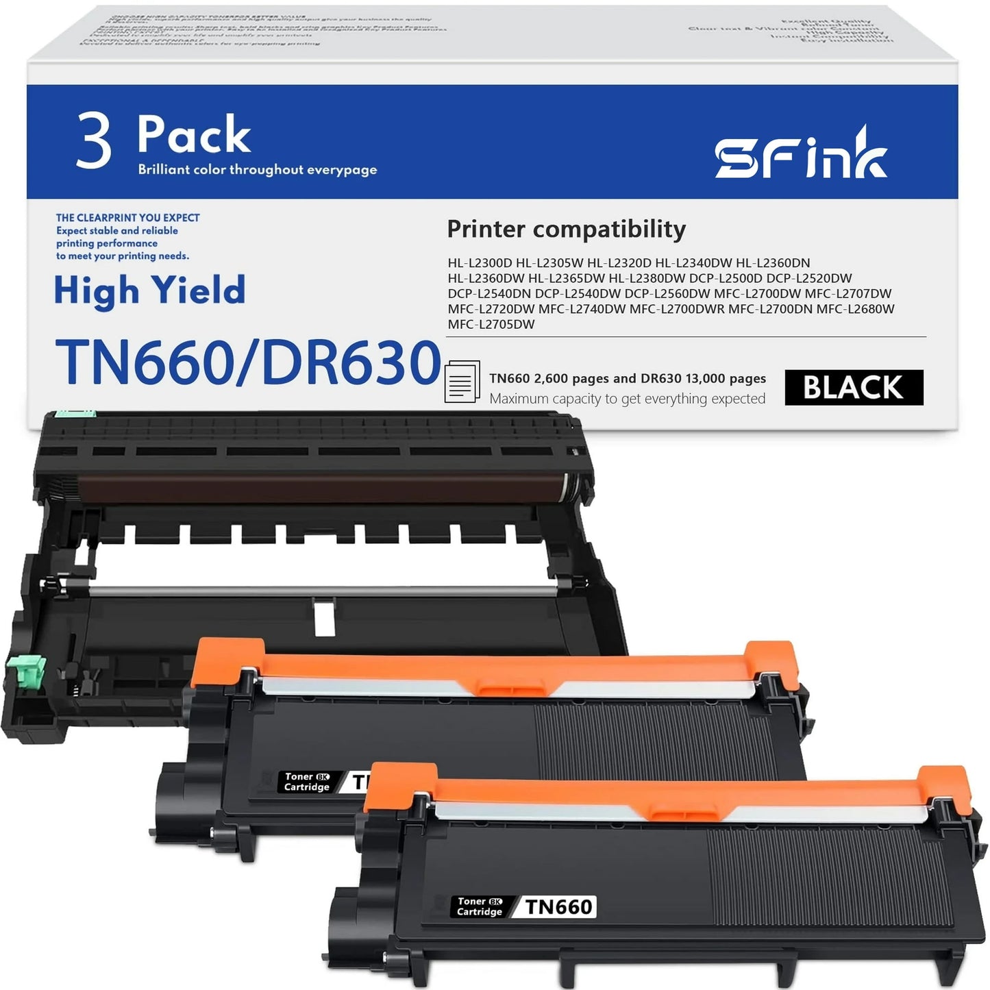 TN660 TN 630 DR630 Toner Cartridge Drum Unit Compatible for Brother TN 660 TN-630 DR630 Use for MFC-L2700DW MFC-L2740DW HL-L2380DW HL-L2340DW HL-L2360DW (2 Pack Black)