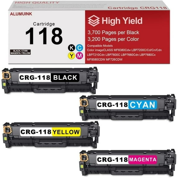High-Yield 118 Toner Cartridges (4-Pack, Black, Cyan, Magenta, Yellow) - VASERINK Compatible 118BK 118C 118M 118Y Toner Replacement for Canon Color imageCLASS MF8350Cdn MF8380Cdw Printe
