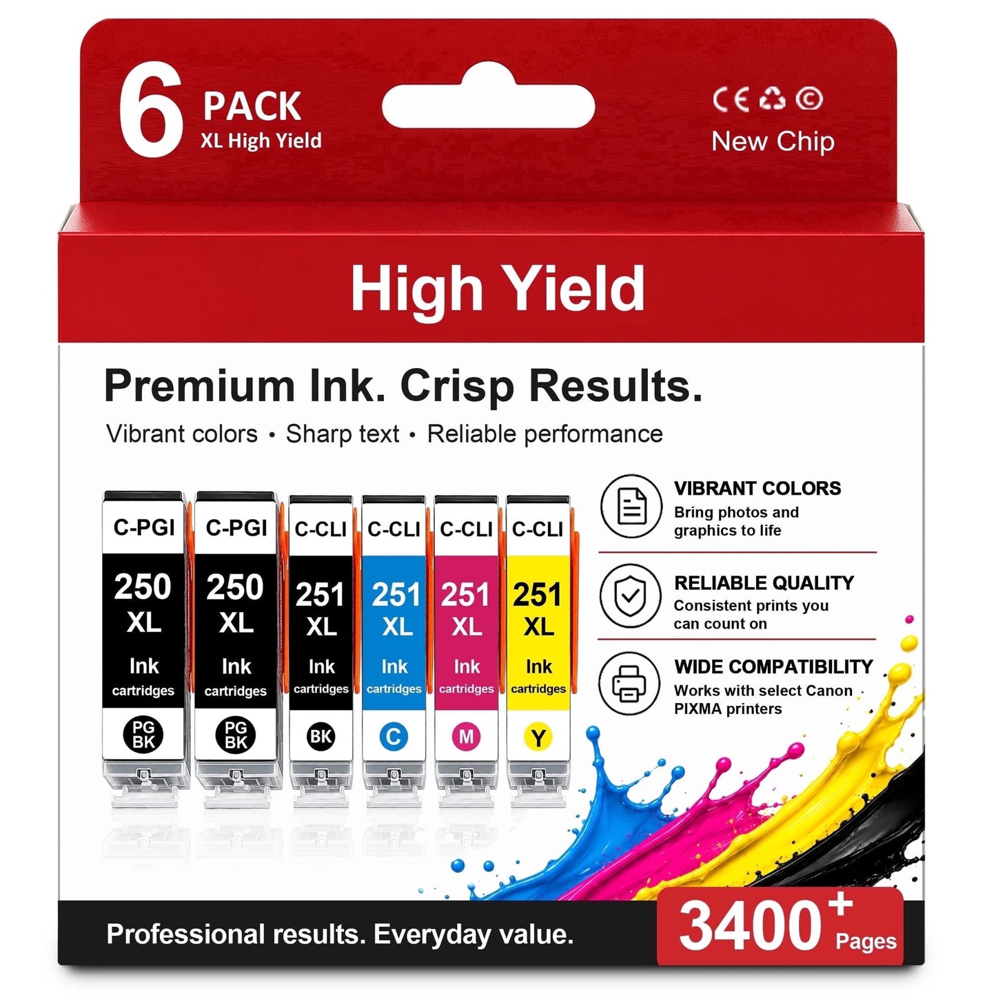 PGI-250XL CLI-251XL Ink Cartridge Compatibles for Canon 250XL 251XL Works with PIXMA MG7520 MG6620 iP8720 Printers(6 Packs)