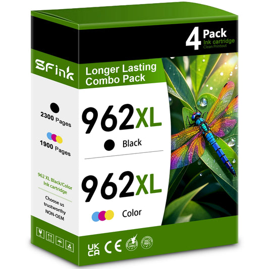962XL Ink Combo Pack (1BK/1C/1M/1Y) Compatible for HP 962 Ink Cartridges for OfficeJet 9010 9012 9014e 9015 9016 9018 9019 Printers 4-Pack