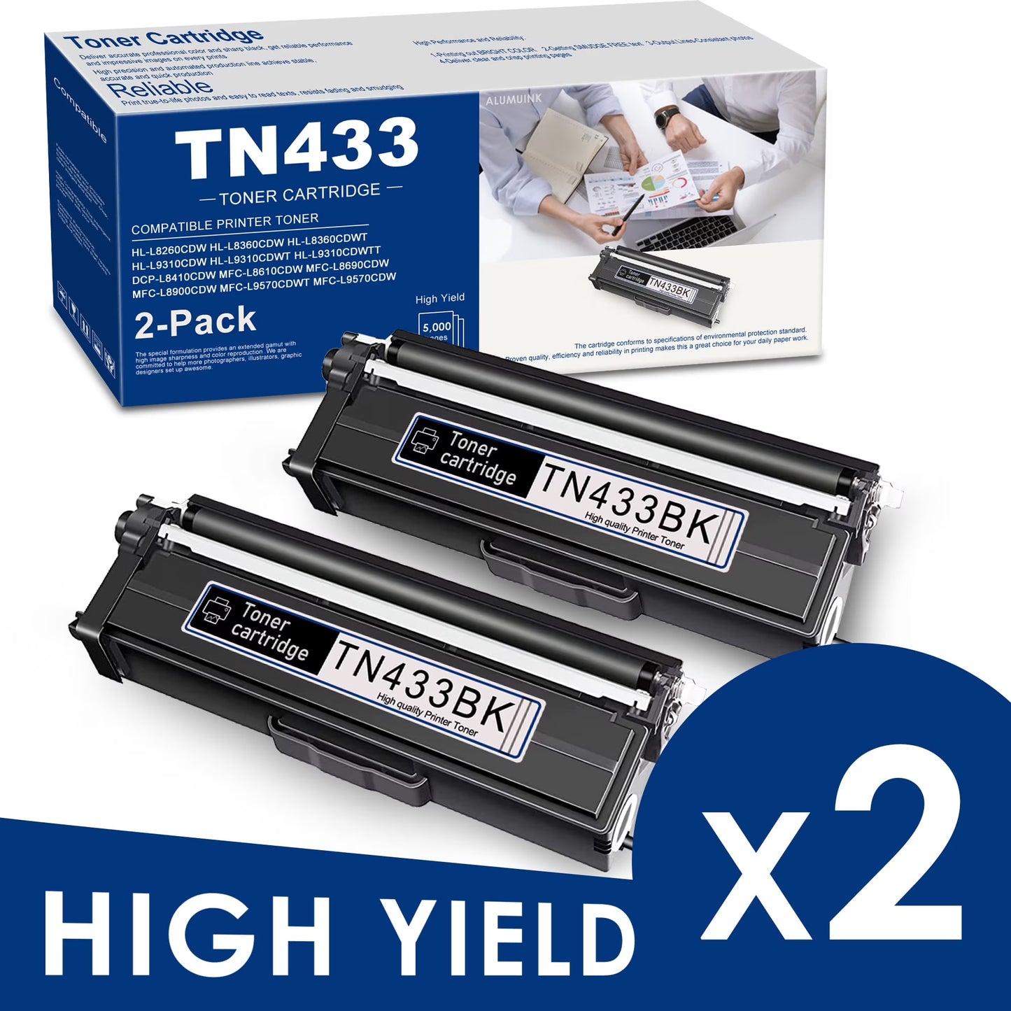 TN433 Black High Yield Toner Cartridge Compatible for Brother TN433BK HL-L8360CDW Printer - 2 Pack