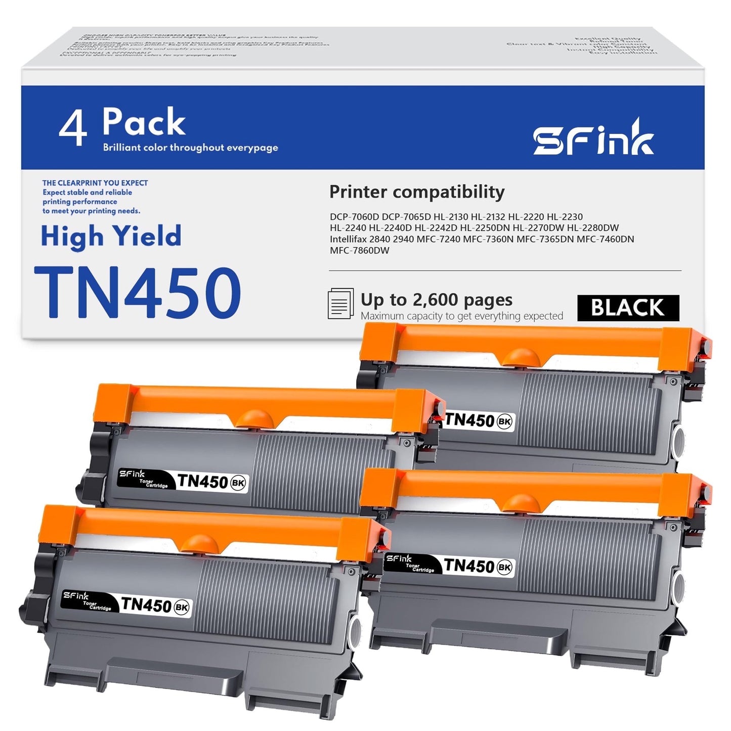 TN450 High Yield Toner Cartridge 4 Black Replacement for Brother TN-450 Toner for HL-2280DW HL-2270DW DCP-7065DN Printer