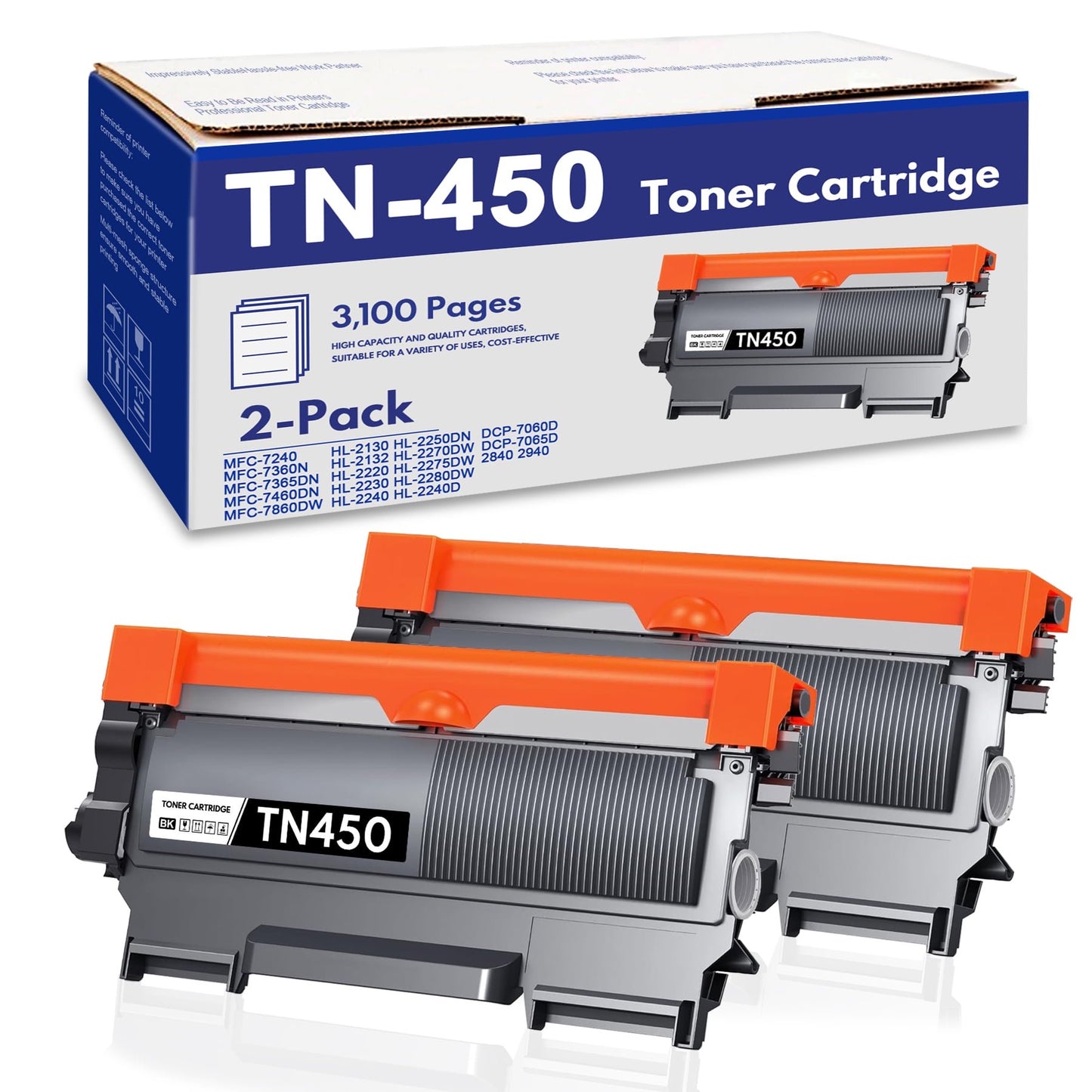 TN450 Toner Cartridges Compatible for Brother TN-450 TN 450 Toner Cartridge TN420 TN 420 for HL-2270DW HL-2280DW DCP-7065DN MFC-7860DW HL-2240D DCP-7060D MFC7460DN MFC7240 Printer (2-Pack, Black)