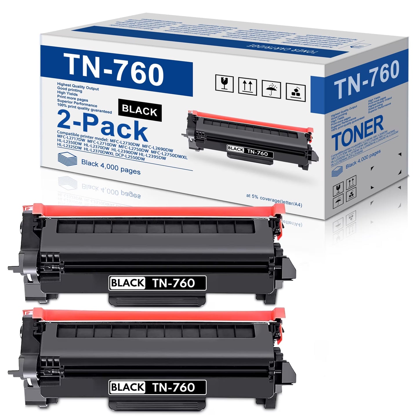 TN760 Toner Cartridge Compatible for Brother TN-760 760 Work for DCP-L2550DW MFC-L2710DW MFC-L2750DW Printer (Black, 2-Pack)