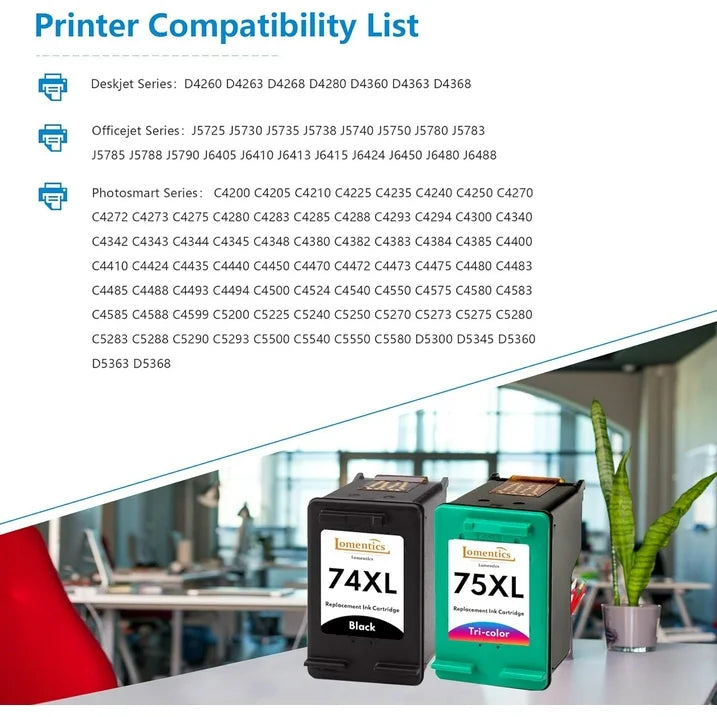 74 75XL Ink Cartridges ( Black Tri-Color) Compatible for HP 74 75 XL Printer Ink Cartridge for D4260 D4263 D4268 J5725 J5730 J5735