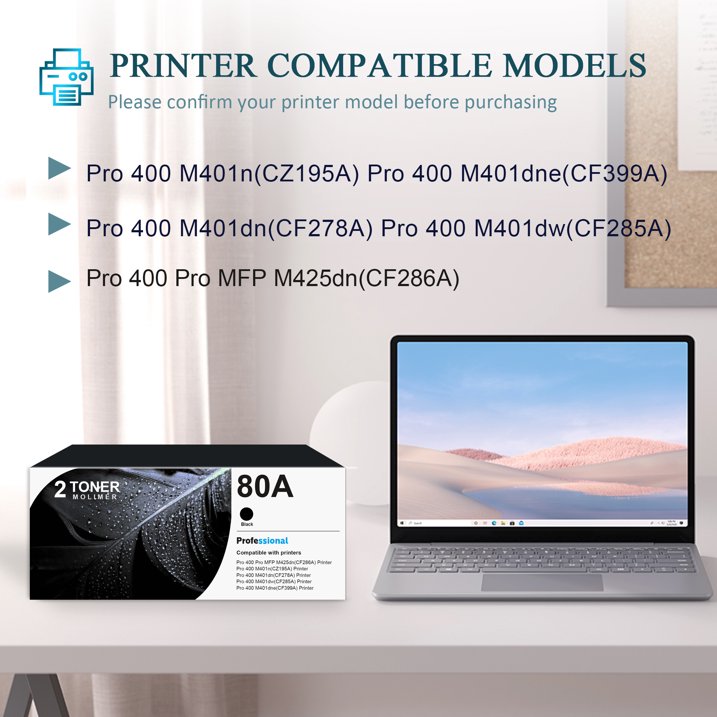 80A Toner Cartridge CF280A Black Replacement for HP Pro 400 M401n Printer, 2 Pack