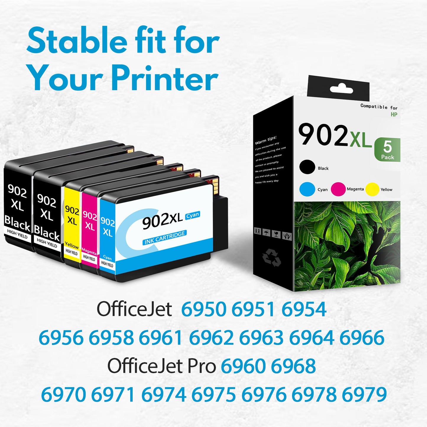 5 Pack 902XL Ink Compatible for 902XL Ink Cartridge Combo Pack for 6963 6964 6966 Printer (5 Pack)（2BK 1C 1M 1Y）