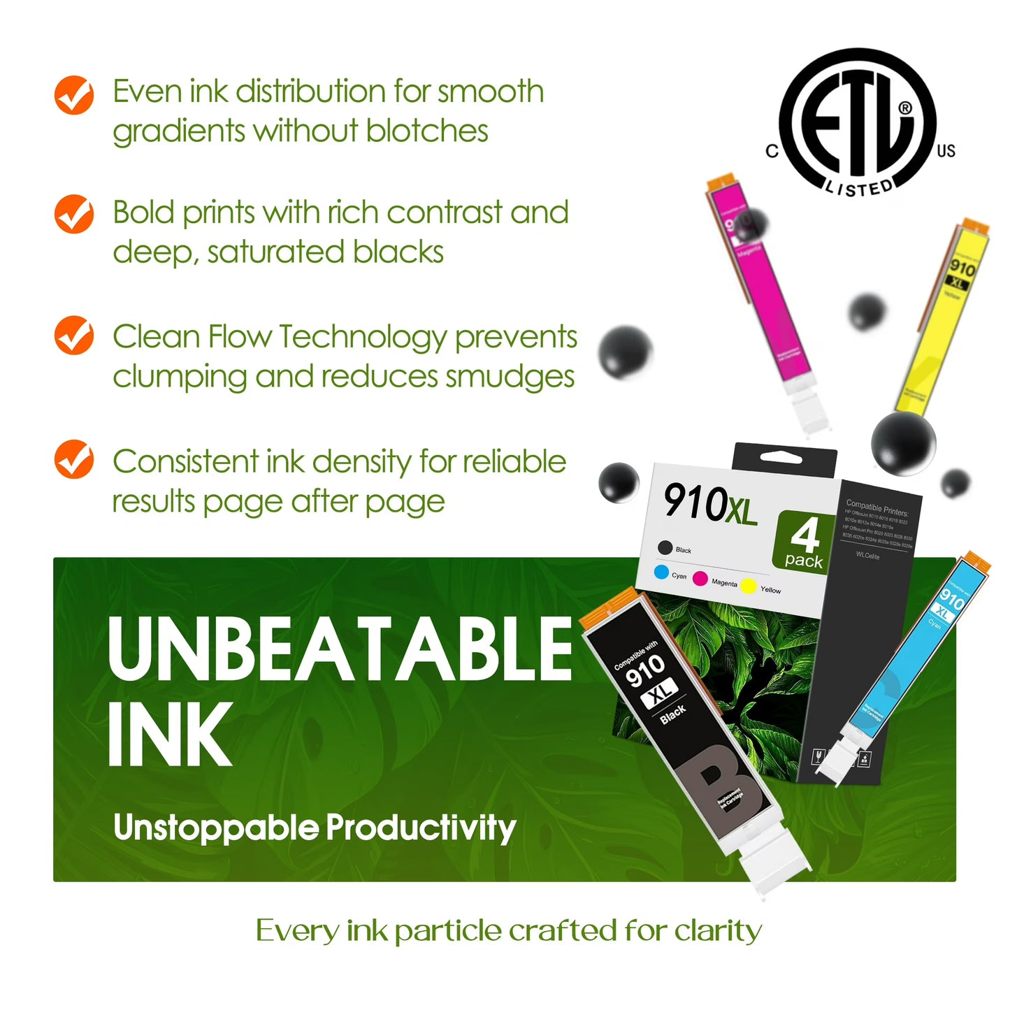 910XL Ink Cartridges Combo Pack Compatible for HP910 XL Ink Cartridges 910 Ink for OfficeJet 8022e 8020 Pro 8015e 8028e Printers Ink 910 (4 Pack)