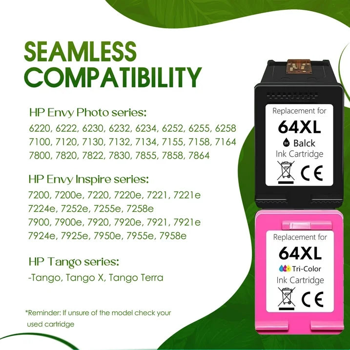 64 XL 64XL Ink Cartridge Compatible for HP 64 Ink Cartridges for HP Envy Photo 7855 7858 7155 6252 7800 7100 Envy Inspire 7255e 7955e 7958e 7900e Tango Series Printer (Black, Tri-Color) 2-Pack