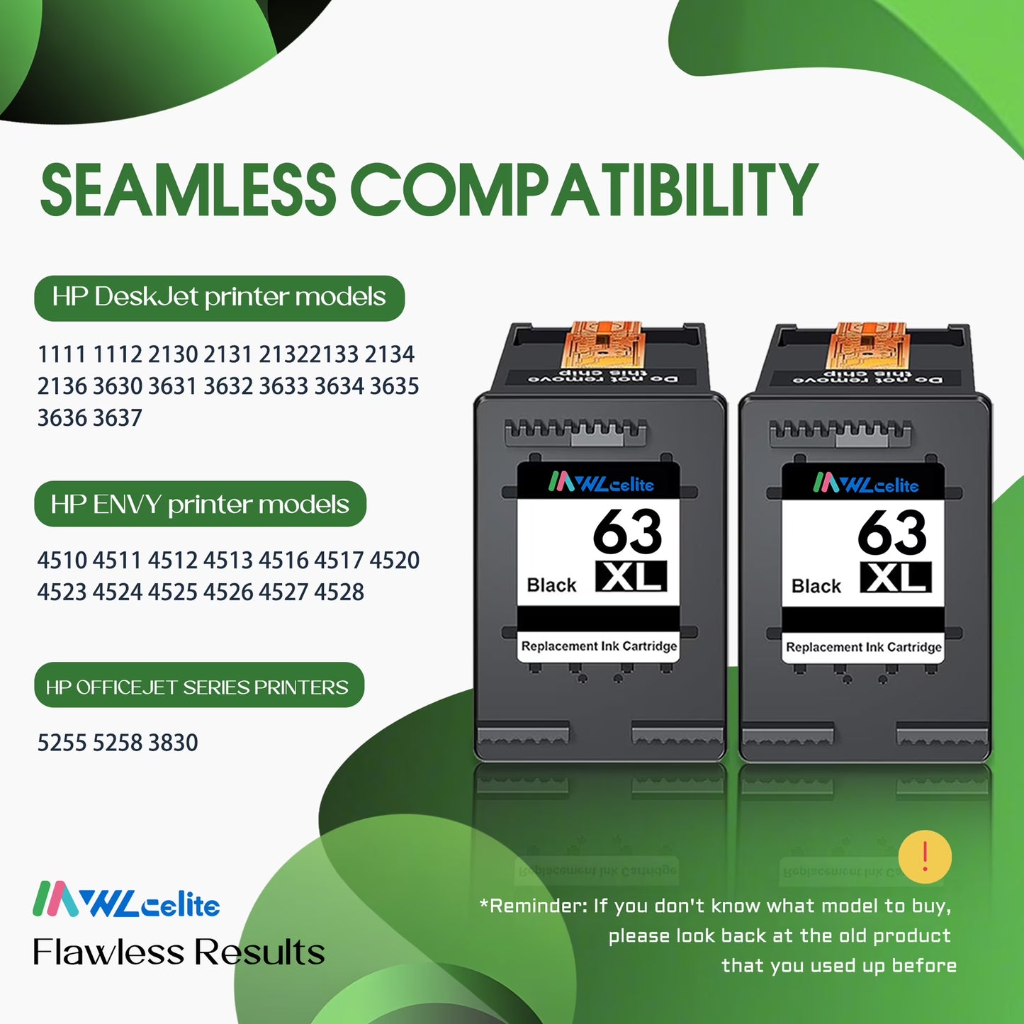 63 Ink 63XL Black Ink Cartridge Compatible for 63 XL Ink Cartridges for OfficeJet 4650 4652 Envy 5255 Printer（2 Pack）