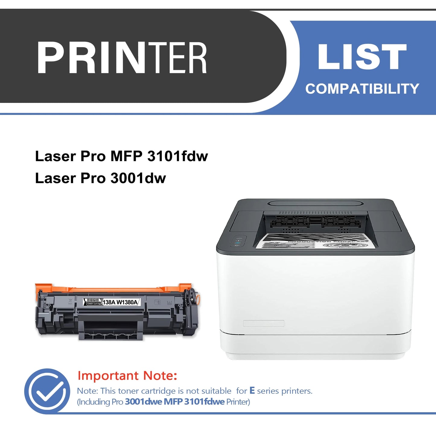 138A W1380A Toner Cartridge Balck 1-Pack Compatible for 138A W1380A Toner Cartridges for Laser Pro 3001 MFP 3101 Series Printer