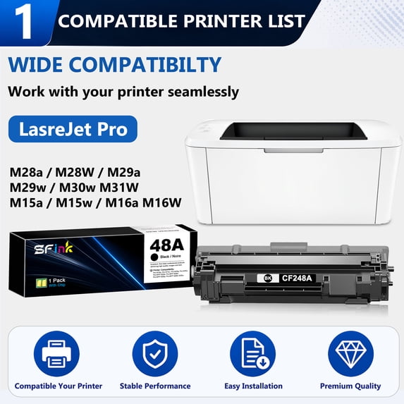 48A CF248A Toner Cartridge 1-Pack Black Compatible for HP48A CF248A Toner Cartridges for LaserJet Pro M15w M15a M16w M16a M28w M29w M29a M30w Printer