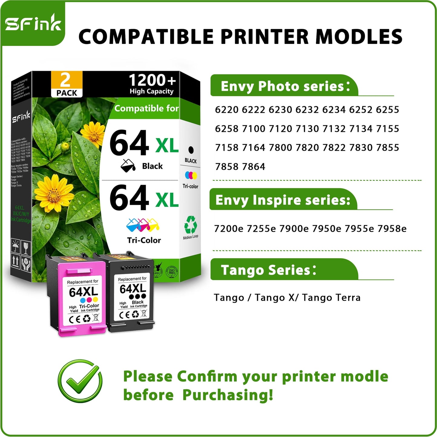 64 XL 64XL Ink Cartridges 2-Pack Black/Tri-Color Compatible for HP64 Ink Cartridges for Envy Photo 7855 7858 7900e Envy Inspire 7255e 7955e 7900e Tango Series Printers