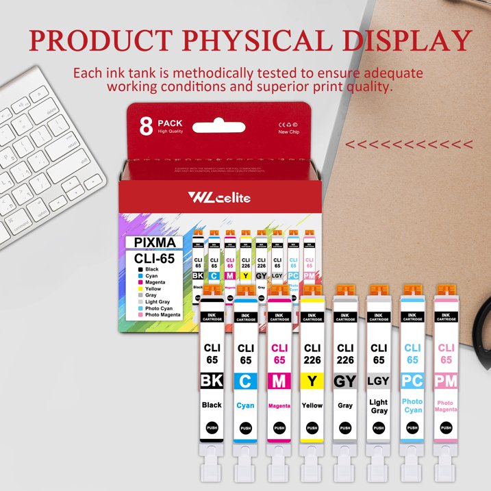CLI-65 Ink Tank Compatible for Canon CLI 65 Ink PIXMA Tank PRO-200S Printer 8 Pack (1BK, 1C, 1M, 1Y, 1PM, 1PC, 1GY, 1LGY)