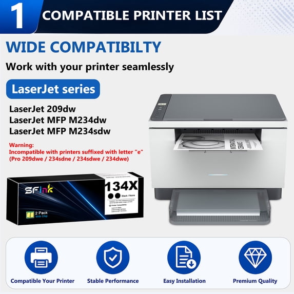 134X W1340X Toner Cartridge Black Compatible for HP134X 134A Toner Cartridges for Laser M209dw, MFP M234dw M234sdw Printers (2 Pack)
