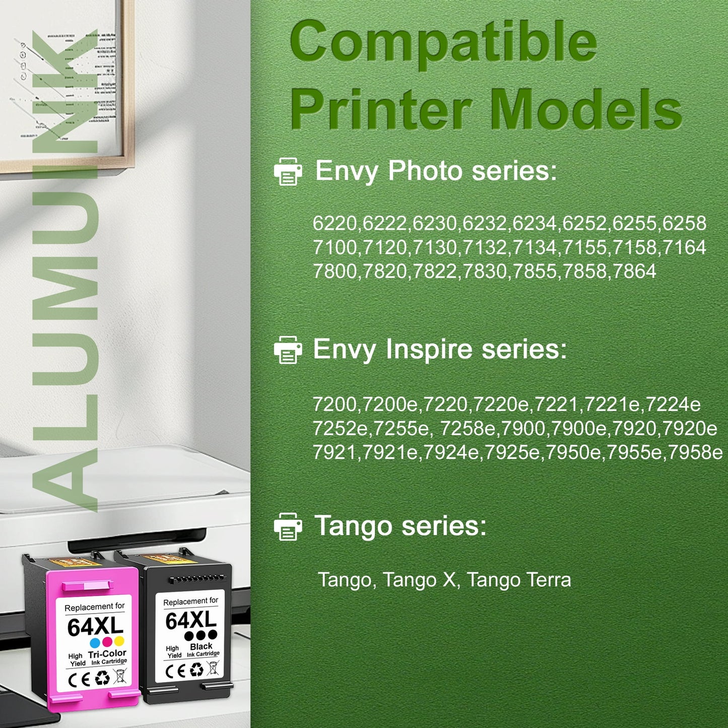 64XL Ink Cartridges Black/Tri-Color Combo Pack Compatible for HP 64XL Ink Cartridge for Envy Photo 7855 7858 7155 7120 7800 7158 6252 6255 7100 7164 Tango Series Printer Printer