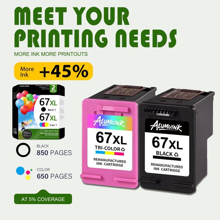 67XL Ink Cartridge Compatible for HP 67 Ink Cartridge for HP 67 XL Ink for DeskJet 2855e 2755e 6055e 6065e 4255e 4155e Printer (Black and Tri-Color)